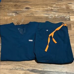 Figs Caribbean Blue Scrub Set with Bright Orange Ties